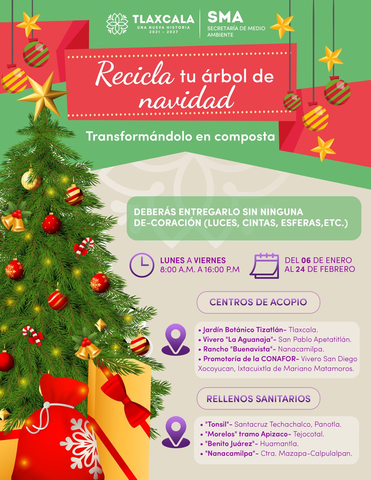 Inicia SMA campaña de acopio 'Recicla tu Árbol de Navidad'